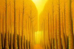 A golden yellow forest made out of pixels painted by Georges Seurat