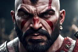 a person who has face like the god of war but in different way who have discipline for things he should make during the day 1 picture and the person face so close and direct the viewer and the datails of his face very high quality and the background very high details realistic and 4k high quality