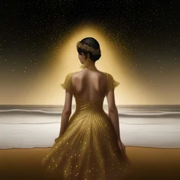 (Masterpiece1:5) By( Stinkfish:Polixeni Papapetrou1.5) (highest quality) (ultradetailed:1.5),bright Foreground with (gold sparkles floating Intricately through the painting:1.5),attractive and content black haired woman 😇, the beach with snoot lighting is the defining light source,gold dress melting into the sand 😅),dreamlike, (surreal:0.5) beach with soft sand, High contrasts, vibrant colors, flawless Composition,Soft Lighting Create Depth Of Field. accentuates the beauty of the