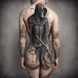 Bad tattoo, back reaper tattoo reading "NO REGERTS", text, photorealistic, by Ben Goossens