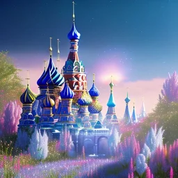 one small Russian crystal subtle castle blue and pink in a galactic ambiance , transparent petals, delicate colors, bin the foreground, full of details, smooth，soft light atmosphere, light effect，vaporwave colorful, concept art, smooth, extremely sharp, masterpiece, best quality, blue skinned, sparkling,8k, , sun light, 4K, RAW, depth of field,high contrast,