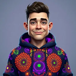 A 3D Caricature young adult male, very big headed, short body, likely of light skin tone, is the central figure in a vibrant, digital art style image. He is wearing a dark-colored hoodie decorated with intricate, psychedelic patterns featuring bright neon colors like fluorescent orange, vibrant purple, and bright green. The patterns are complex, resembling swirling geometric designs, fractal patterns, and glowing circular motifs. The hoodie has a graphic design inspired by organic forms like ten