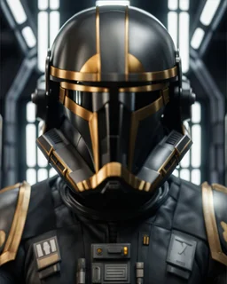 star wars bald male corellian pilot wearing dark gunmetal grey and black First Order special forces TIE pilot armored flightsuit and helmet with gold trim inside the jedi temple, centered head and shoulders portrait, hyperdetailed, dynamic lighting, hyperdetailed background, 8k resolution, volumetric lighting, light skin, fully symmetric details