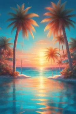 Luxury Tropical House album cover, award-winning music artwork, crystal-clear turquoise ocean merging into an endless horizon beneath a radiant golden sunset. Exotic palm trees illuminated by soft neon cyan and coral lights sway in the warm breeze. Glowing particles drift through the air like fragments of melody, creating a magical atmosphere. Elegant reflections dance across the water surface, while subtle geometric patterns inspired by electronic music production are integrated into the enviro
