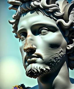 Realistic image, roman sculpture, marble material, Lionel Messi with Laurel wreath model, miguel angel style, God light, god rays, 4k resolution, perfect details, ornate details, soft lighting, unreal engine 5, soft cyan background.