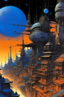 Lunar Punk city, high fantasy, moebius artist, magic
