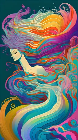 flowing Hair mermaid underwater style of erte rainbow