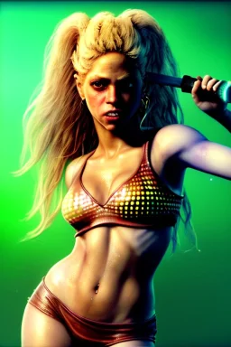 portrait, Shakira, blonde artist, angry, Realistic image, latex style dress. baseball bat, loose long hair, eyes make up, perfect, glow, circle iris. Neon colors, leds, geometric shapes. Dark background, photo studio, neon lights. Mad max, concept art, smooth, unreal engine 5, god lights, ray tracing, RTX, lumen lighting, ultra detail, volumetric lighting, 3d, finely drawn, high definition, 4k.