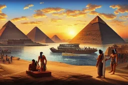 An ancient Egypt city at the Nile, pyramids in the background, Egyptian temples, lush vegetation, by matthieu lauffray, sunrise, stunning environment, perfect composition, professional digital painting, super highly detailed, wide-angle, diffused lighting, 8 k Uhd, god rays