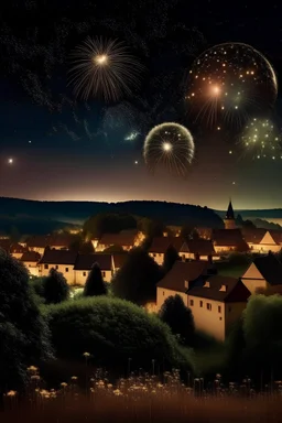 Fireworks display over a small town, shining moon, lots of stars in the sky