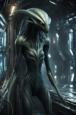 scary alien creature with alien skin,(((Beautiful drooping eyes))),(((Slightly longer arms)))、((long neck)))、Normal shoulder width、(short thighs)、(((Long below knee)))、(((thick waist)))、(Fairly long torso), with a damp and steamy highly detailed spaceship corridor in the background, full body, perfect face, detailed face, perfect body, highly detailed body, highly detailed skin, superior artificial intelligence, half of the face is robotic skeleton, stunning facial details, 45 degree angle of