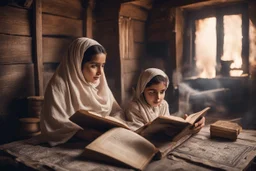 A close-up scene of an Arab mother reading the story from a book with her children around her in the room of the old wooden house near the fireplace 100 years ago.