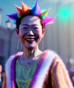 Ultra Realistic photo, medium shot view, drunken sweet dancer old Asian woman, carnival scene, monster hair, steampunk style. Red hair, confeti, smile, happy, festival, ovnis, gradient color fog. highly detailed, concept art, unreal engine 5, ray tracing, RTX, lumen lighting, ultra detail, volumetric lighting, 3d, finely drawn, high definition, high resolution.