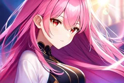 girl, masterpiece, best quality, volumetric lighting, detailed outfit, perfect eyes, long hair, pink hair, red eyes, lens flare abuse,