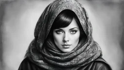 pencil art illustration of a lady in a red scarf, black and white, highly realistic style