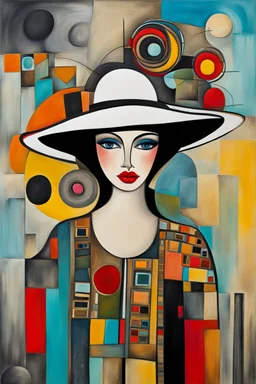 abstract paint from Lady in big hat , vibrant colors, folk art, non-figurative mode, style combined abstract art with dadaism, patchs, black lines, surrealism style