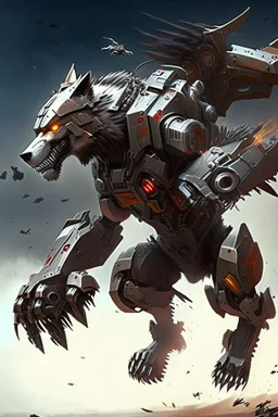 A fighting iron wolf with the ability to fly A war machine with all the tools