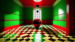 A captivating and surreal portrait of a room corner, featuring a checkered floor and green and white walls. A red and white striped hollow ring hovers in the air, defying gravity, while a reflective sphere with a checkerboard pattern floats nearby. A mysterious black object lies on the floor, casting an intriguing shadow. In the background, a wooden table with a vase of fresh flowers sits beside a potted plant, adding a touch of natural beauty to the scene. The light source from the ceiling cast