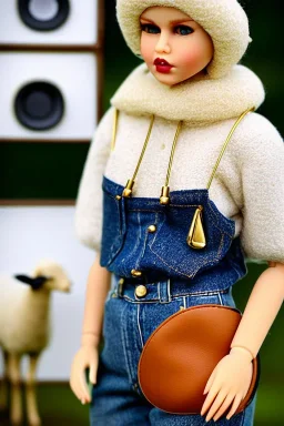 Photograph. Woman fashion. Doll creamy fake skin. old-fashioned camera integrated to full-mask. Old big headphones, golden rings & disc. Possible materials are denim, leather, wool, steel, plate metal, vinyl, feather, wire. Haute Couture 1990. Small Finnish farm. Adaptive background. Tubes, nets, other structures, Recycled plastic. Sheep, chicken, turkeys. Natural Light. Possible colors: Bronze, steel, army green, plum, terracotta, brown and black. Thick tights. Thick calves. Curved fell.