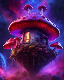 A floating island mushroom house in space. blue purple red cosmic, deep space nebulas. Detailed gloss Painting, bright color, fantastical, intricate detail, splash screen, hyperdetailed, insane depth, concept art, 8k resolution, trending on Artstation, Unreal Engine 5, color depth, backlit, splash art, dramatic, High Quality Whimsical Fun Imaginative, good composition