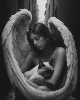 Prompt: An closeup portrait of a ultra-realistic black-and-white cinematic photograph with dramatic chiaroscuro lighting and a soft depth-of-field, inspired by fine art street photography. A guardian-like angelic woman with large, detailed wings crouches protectively in a narrow cobblestone alley, gently holding a sleeping Oriental Shorthair Siamese chocolate point cat in a clearly protective and caring posture, conveying safety, warmth, and compassion. The alley is enclosed by tall urban buildi