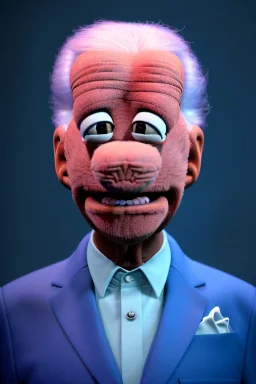 Waist up muppet Portrait, joe Biden as muppet doll, Blue suit retro style, photo studio, blue background, unreal engine 5, concept art, art station, god lights, ray tracing, RTX, lumen lighting, ultra detail, volumetric lighting, 3d.