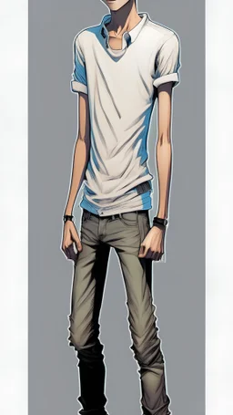 Teen man, black hair, perfect face, style of tomer hanuka, jeans, white, t-shirt, pompadour. standing, full body
