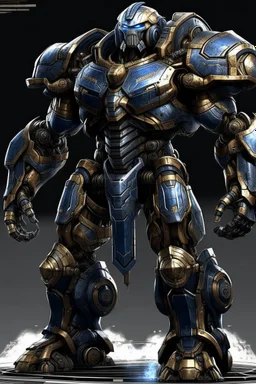 Ironclad stands at an imposing 8 feet tall and is heavily armored with a combination of sleek metallic plating and blue energy accents. Its body is adorned with a polished, reflective surface, giving it a distinct and imposing presence on the battlefield. His waist is snatched. His design is like Nullsector from Overwatch