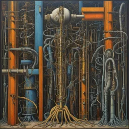 Come to grips, surrealism, by Max Ernst and H.R. Giger, groveling organic and mechanical elements, oil on canvas, colorful, quirky, creepy, minimalist, scaffolds holding a biomechanical hand in middle of construction