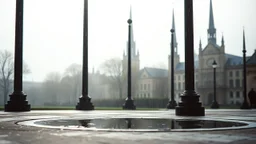 35mm film photography, The poles and spires and towers vapor kissed during a rainy afternoon, with droplets of water forming on them and a reflective puddle at the base., high detail, pastel, soft tones, splitlight effect, profesional photography, hard shadows, high contrast