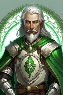 Please create an image for a 28-year old tan skinned aasimar male with silver hair and a short, square beard and green eyes. He is a cleric of Kord, whose symbol should be placed on the cleric's shield, if visible in the image. The cleric should be wearing either medium or heavy armor, and carrying a warhammer or a mace and a shield
