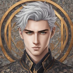 A stunningly detailed (((headshot portrait))), capturing the essence of a young man in his 20s with silver hair and piercing gray eyes, exuding a sense of confidence and protection, anime realism style, intricate mosaic backdrop