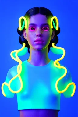 Rosalía artist, Realistic image, natural waist up portrait, perfect eyes, glow eye, black eye liner. sweet face, pigtails hair, spray line make up, glow, gold lips, big rings piercing, led ornament, pearls. inflatable latex coat, cold, led lights, minimal, neon, pink, blue, gold, vibrant color, highly detailed, art stations, concept art, smooth, unreal engine 5, god lights, ray tracing, RTX, lumen lighting, ultra detail, volumetric lighting, 3d, finely drawn, high definition, 4k.