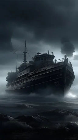,surrealism of the dark of a nightmare , hyper photorealistic, hyper detailed dark art color, high resolution, fog, octane render, tilt shift, HDRI Environment, all pictures dark gray, a torpedo hitting a ship and a huge mad creature in the sky behind the boat covering the whole background