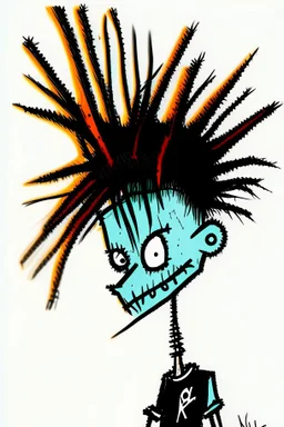 2d drawing of a stickman, cool with punk hair, x eyes like hangman, back side view,smiling,close-up ,3d realistic in colour