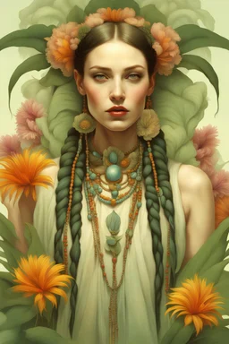 "beautiful woman wearing fantastic hand-dyed cotton clothes, embellished beaded feather decorative fringe knots, colorful pigtail , subtropical flowers and plants, symmetrical face, intricate, elegant, highly detailed, 8k, digital painting,trending on pinterest, harper’s bazaar, concept, art, sharp focus, illustration, Tom Bagshaw, Lawrence Alma-Tadema, Alphonse Mucha"