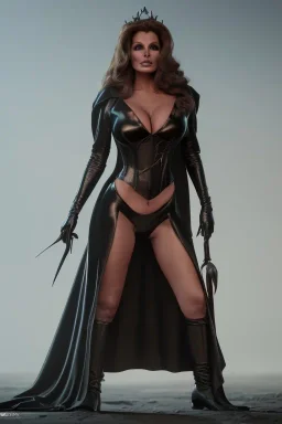 Raquel Welch as evil queen in black leather gown, angry, busty, curvey, cleavage, unreal 5, octane render,cinema4d, dynamic lighting, dramatic lighting, 4k, redshift render, highly detailed, hyper realistic