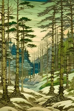 A winter forest covered in snow painted by Katsushika Hokusai