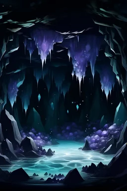 An under water crystal amethyst cave , with black sparkles