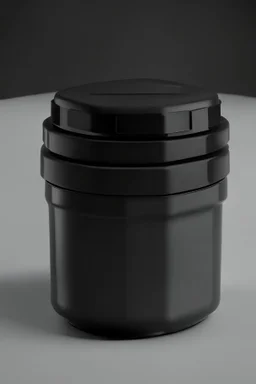 black container, plastic, realism, with screw lid, no labels, round container, kickforce view, dark studio setting