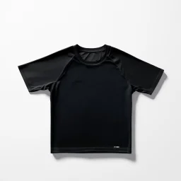 Folded traning T-shirt, top view, flat lay, realistic, male active wear, black breathable material, short sleeves round neck