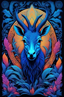 a blue antelope, 3D embossed textured ethereal image; midnight hues, extreme colors, a blue antelope by a river; trippin', psychedelic, groovy, art nouveau; indica, sativa, leaves, gig poster art, macabre, eldritch, bizarre, extreme neon colors, mixed media, velvet, blacklight, uv
