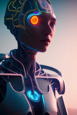 projection of an AI head hovering over an cyberpunk landscape in the distance, a small human walking towards the head, high quality, 4k resolution, high details