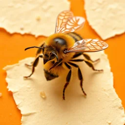 a bee with 6 legs, scattered parchment, honeycomb, orange background