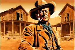 double exposure of young squinting transparent John Wayne as a gunslinger, hat, old west garb, movie poster art by Drew Struzan, detailed abandoned dusty old west town in the background, by Andreas_Lie, akihiko_yoshida, Dan_Mountford, Sergio_Leone, ambient lighting, grainy photo layering, ink splatter, ink drip, trending on artstation, double exposure, photo layering.