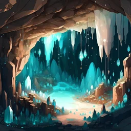 a hidden cave filled with sparkling crystals ; illustrations style
