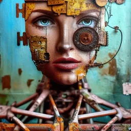 an abstract painting oil in canvas of rusted metal and flowers of beautiful busty female Cyborg, rust, scaffolding, iron cladding, decay, mixed media, textured, anatomically correct, beautiful perfect face, sharp focus, highly detailed, masterpiece, realistic, intricate detail, sci-fi fantasy style, volumetric lighting, particles, highly detailed ,cinamatic , deep colours, 8k, by Leonardo da Vinci , signed YAK