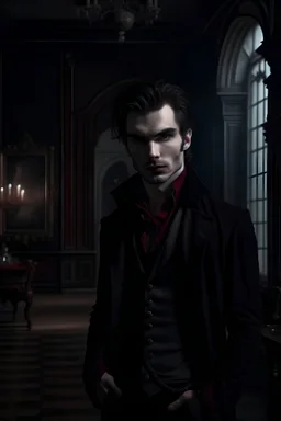 Handsome vampire in gloomy mansion