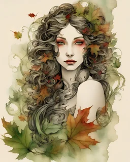 Rococo beautiful abstract aquarelle woman face portrait tatttoed white inked portion of her face girl with super long black wooden filigree hair, hair venetian style becoming autumn green and red leaves and botanical filigree, portion of her face is white ink portion of her face is autumn leaves tattooed watercolour digital painting, aquarelle detailed green murano glass likei eyeirisportion of her face is eyes, art by abstract fractal artgerm and greg rutkowski and alphonse mucha e