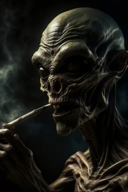 a horror alien with a cigar in his mouth